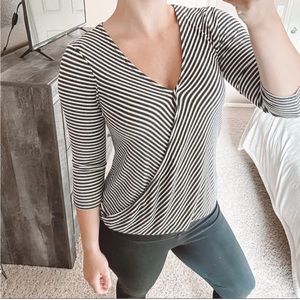 Anthropologie Black & White 3/4 Sleeve Wrap Blouse